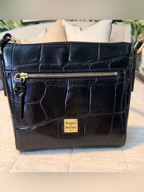 Dooney & Bourke Black Croc-Embossed Leather Shoulder Bag with Gold Hardware